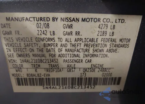 2008 Nissan Altima 2.5 S z USA, uszkodzony, nr VIN 1N4AL21E08C213452